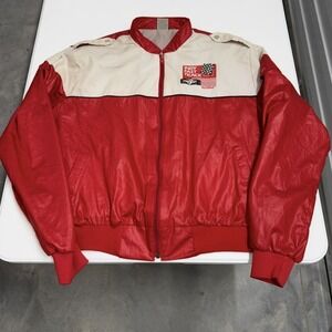 Vintage Red Cream Racing Jacket Mens Large Embroidered Logo Zip Up Bomber
